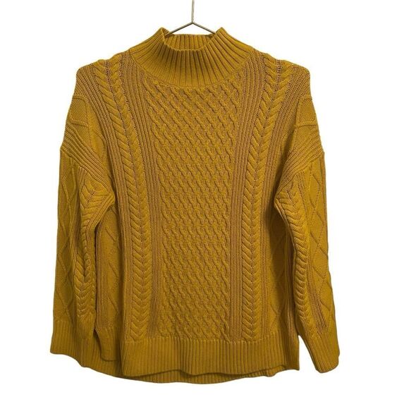 J. Crew Mustard Yellow Cotton Mock Neck Cable Knit Sweater NWOT XS - Picture 1 of 8
